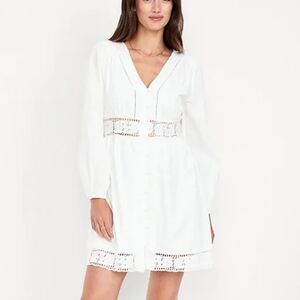 Old Navy White Long Sleeve Dress With Lace Waistband